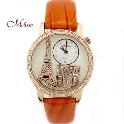 orange MELISSA женские часы Роскошные Miyota Кварцевые водонепроницаемые Эйфелева башня Relogio Feminino кожа Кристаллы из австрийского сапфира - Цвет: orange