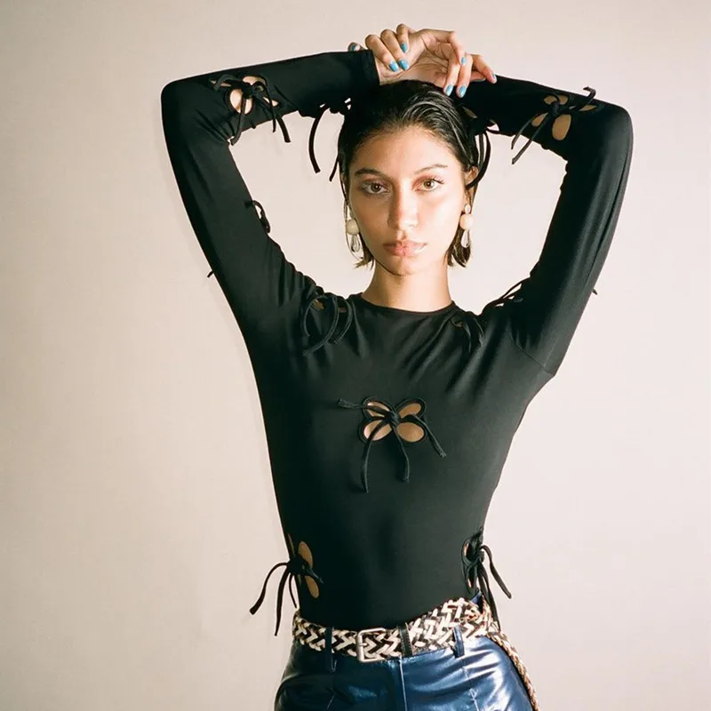 Модная женская футболка с бандажом-бабочкой ажурная женский черный кроп-Топ