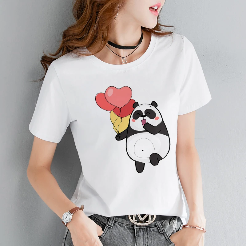 

Летняя женская уличная Футболка с принтом милой панды, женские топы, забавная Повседневная футболка Harajuku, Модная белая футболка с коротким ...