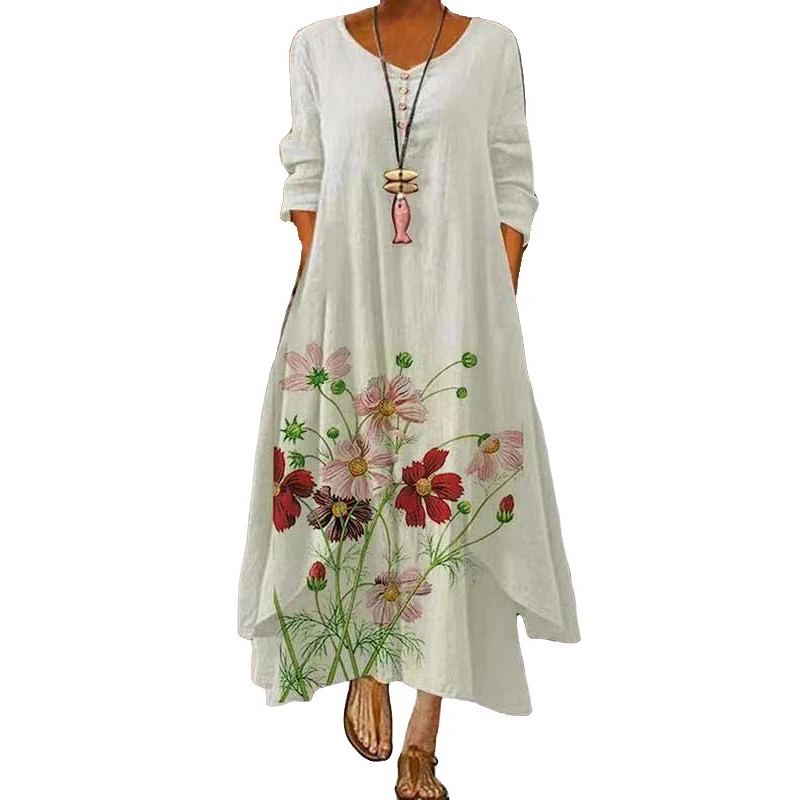 

MOVOKAKA 2021 Floral Print Maxi Dress Women Vintage Long Sleeve Elegant Long Dress O Neck Casual Plus Size Dresses Woman Party