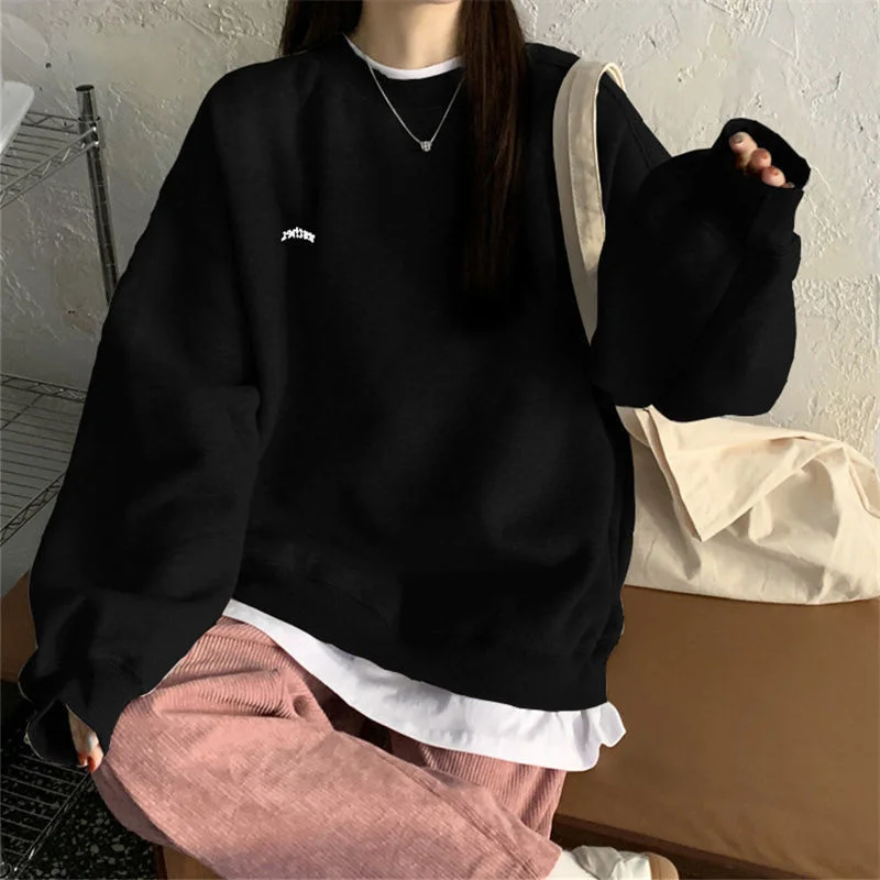 

Толстовка женская оверсайз с капюшоном, Модный пуловер с надписью, плюшевый свитшот в Корейском стиле, темно-серая и черная одежда, весна-ле...