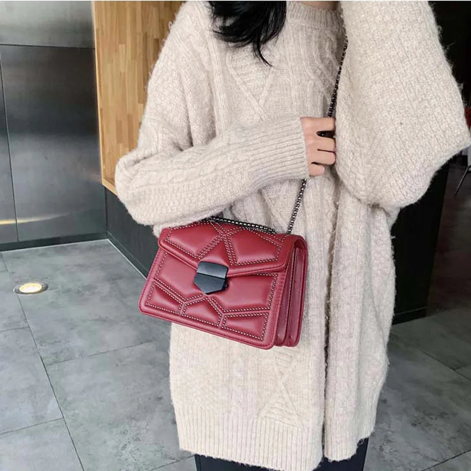 

Luxury PU Leather Crossbody Bags for Women 2021 Rivet Chain Simple Bags Fashion Shoulder Bag Ladies Designer Small Flap Handbags