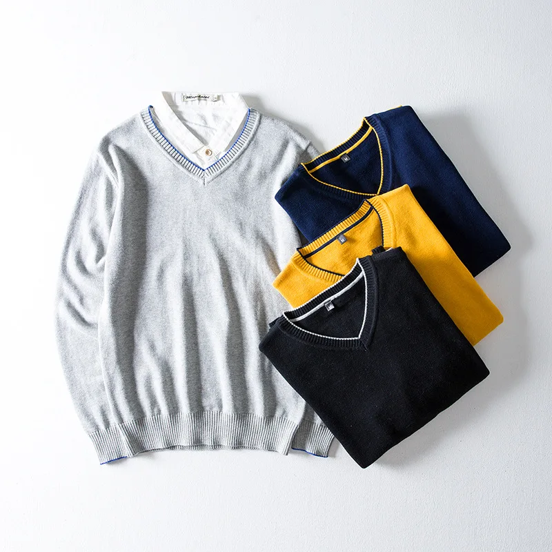 

Мужской однотонный пуловер с V-образным вырезом, на весну/осень