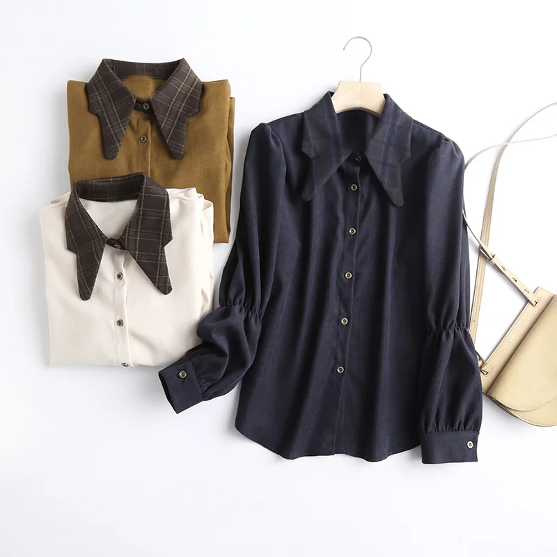 

New Summer Women's Blouses Tops Shirt Long Sleeve Fashion Solid Elegant Petal Collar Plaid Stitching Lantern Sleeves AE560