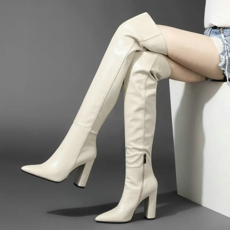 

Женские ботфорты на молнии, Сапоги выше колена на высоком устойчивом каблуке, с острым носком, Осень-зима 2021