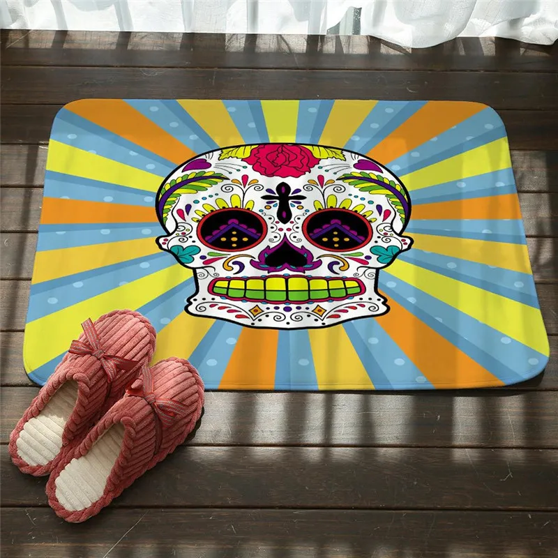 Противоскользящий коврик с изображением цветов черепа девушки дверной мандала