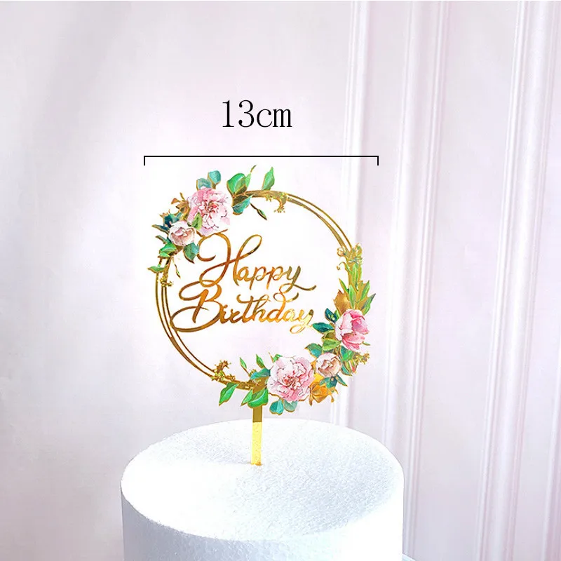 

Colorful Flowers Insert cards Wedding Cake Topper Gold Acrylic Card Happy Birthday Party Dessert Decoration Baking Supplies