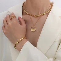 yaonuan hipster gold plated jewelry set for women hollow mountains pendant multi chain necklacebracelet party accessories gift