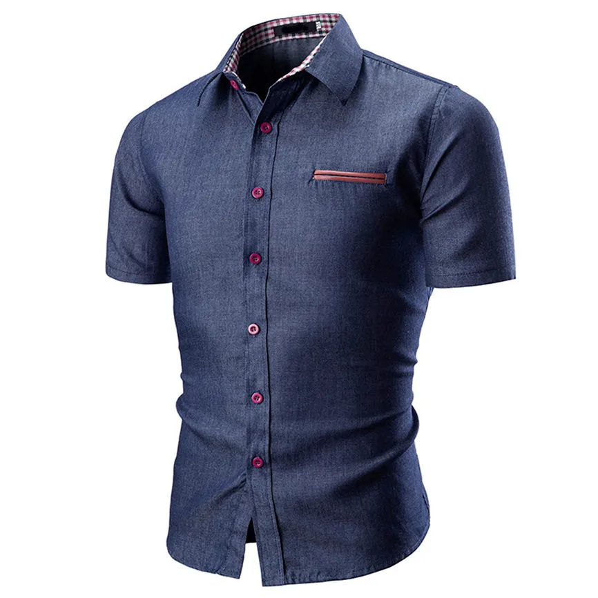 2019 Fashion Denim Shirt Men Slim Fit Camisa Masculina Solid Color Male Casual Short Sleeve | Мужская одежда