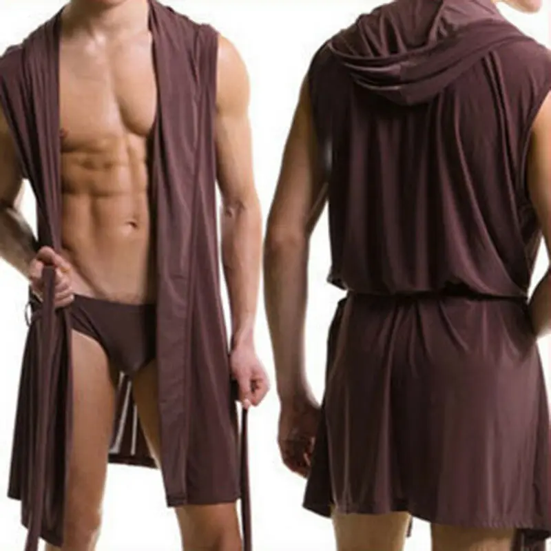 New Men Sexy Bath Robe Hooded Pajamas Sleepwear Superthin Smooth Bathing Gown Comfortable Home Tops Wear Sleepwear S-4XL