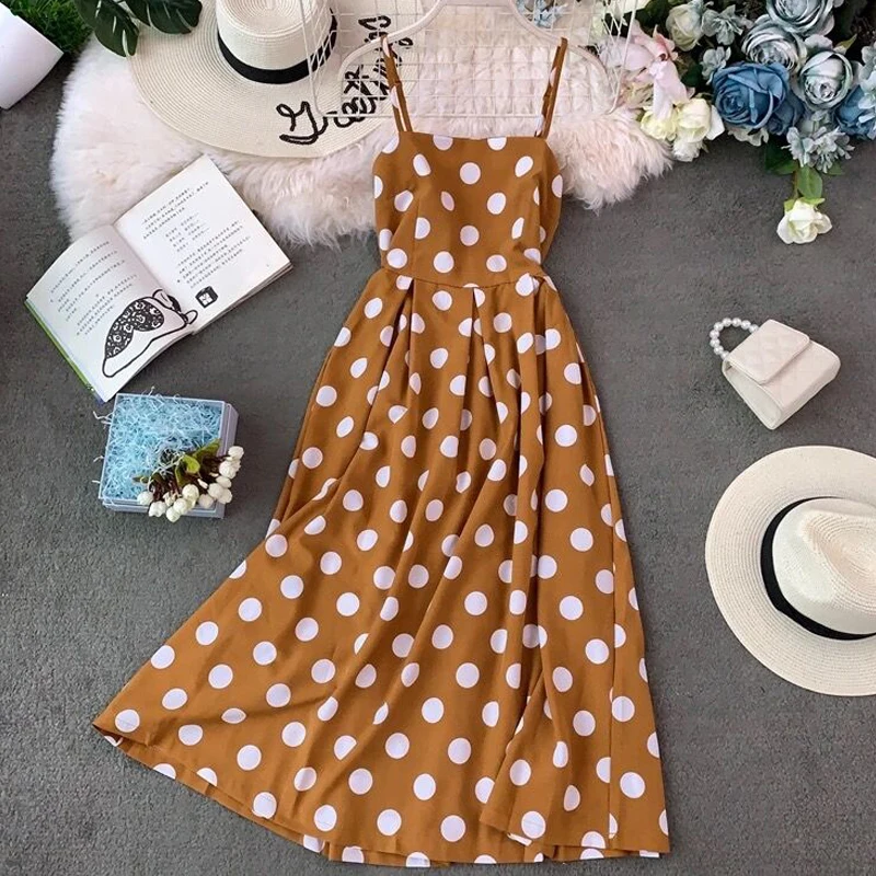 

Women's party dress summer bohemian A-line female sundress casual polka dot print dress retro beach long skirt party dress