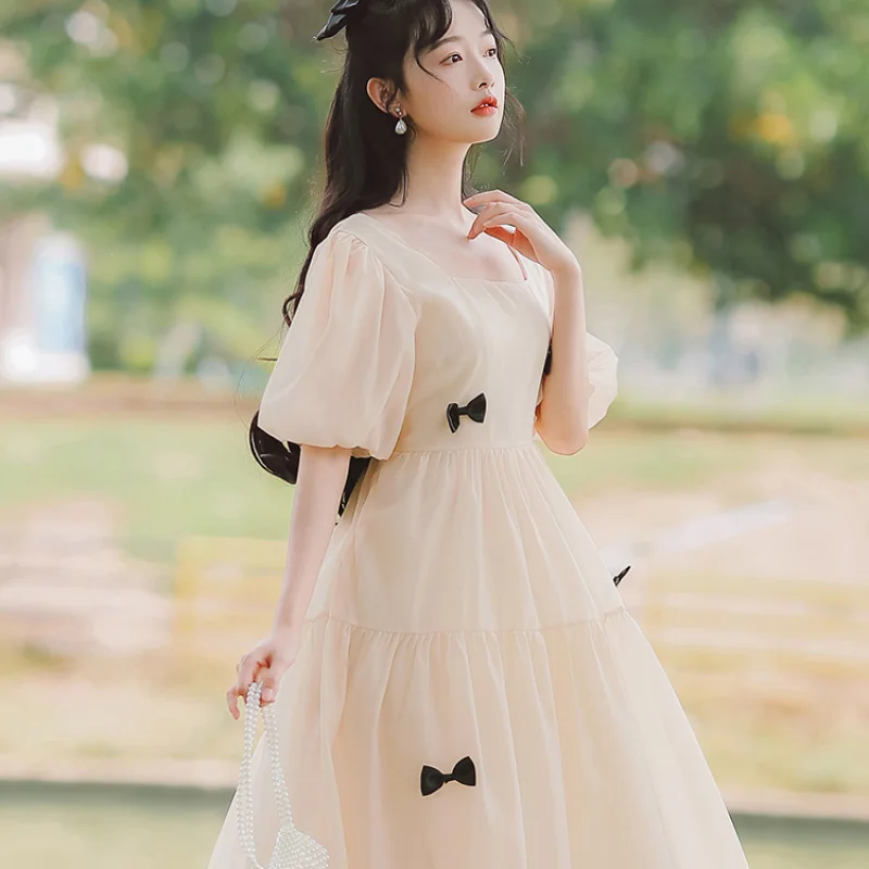 

Summer French Art Sense Super Fairy Sweet Dress Female New Princess High Waist Type A Skirt Thin Square Neck Apricot Purple