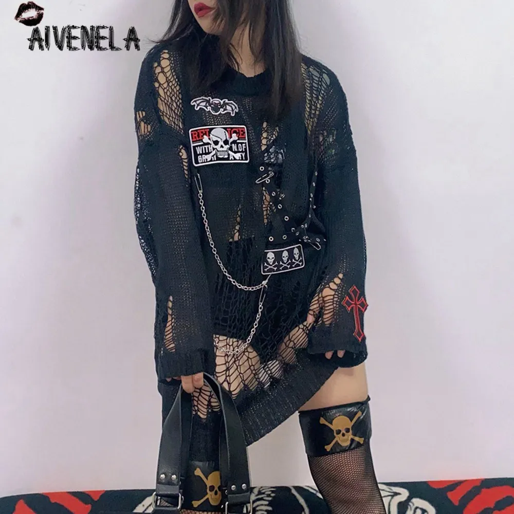 Женский свитер в стиле Харадзюку готический трикотажный панк-рок с крупными