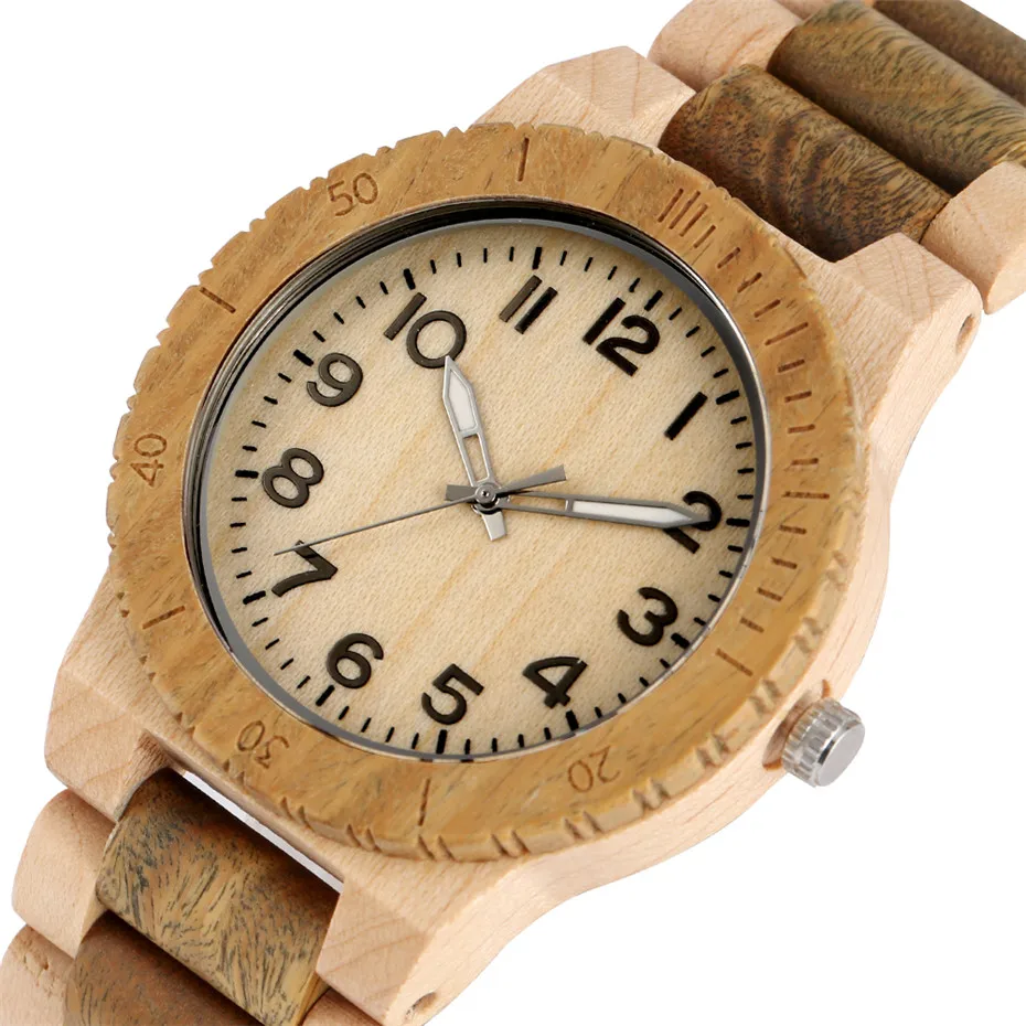 

Full Wooden Men Watch Quartz Movement Arabic Numerals Display Round Dial Mens Clock Folding Clasp Wood Timepieces Gifts Male