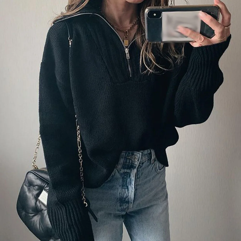 

Women Turn Down Collar Zipper Black Sweater New Auutmn Winter Loose Streetwear Korean Pullover Female Oversized Sweater Fall