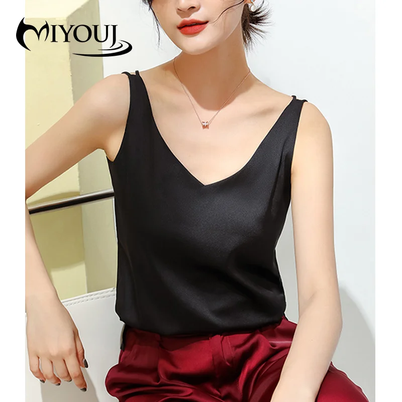 

MIYOUJ New V-Neck Tank Tops Women Summer Satin Top Sexy Hollow Out Ladies Vest Simple Solid Female Clothing 2021