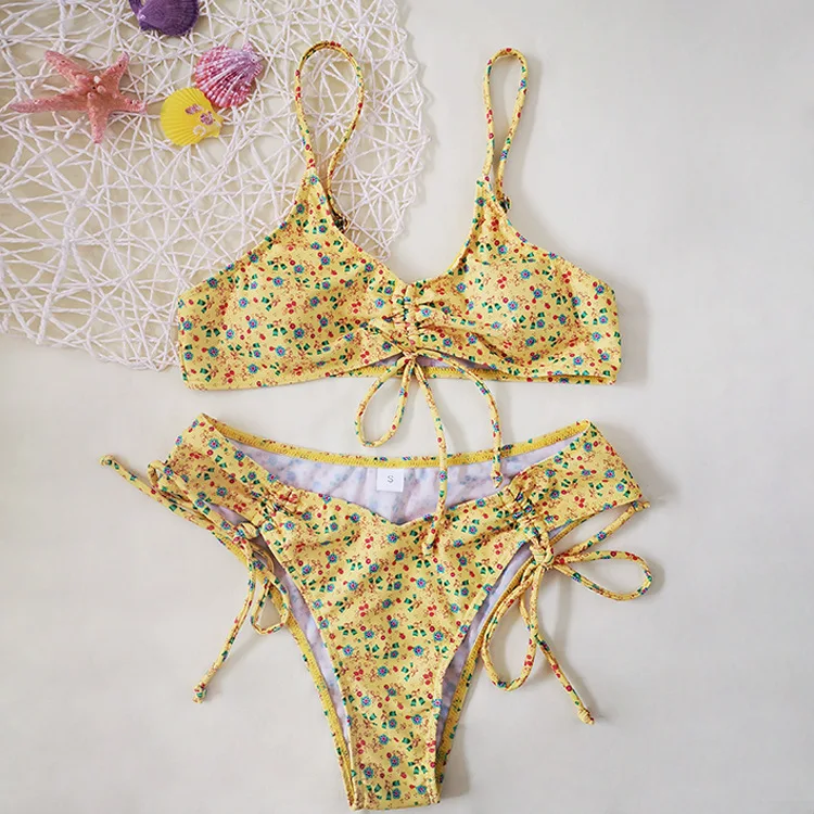 

2021 new style ladies swimwear hot sale small floral drawstring lace sexy split bikini set 2 piece set women