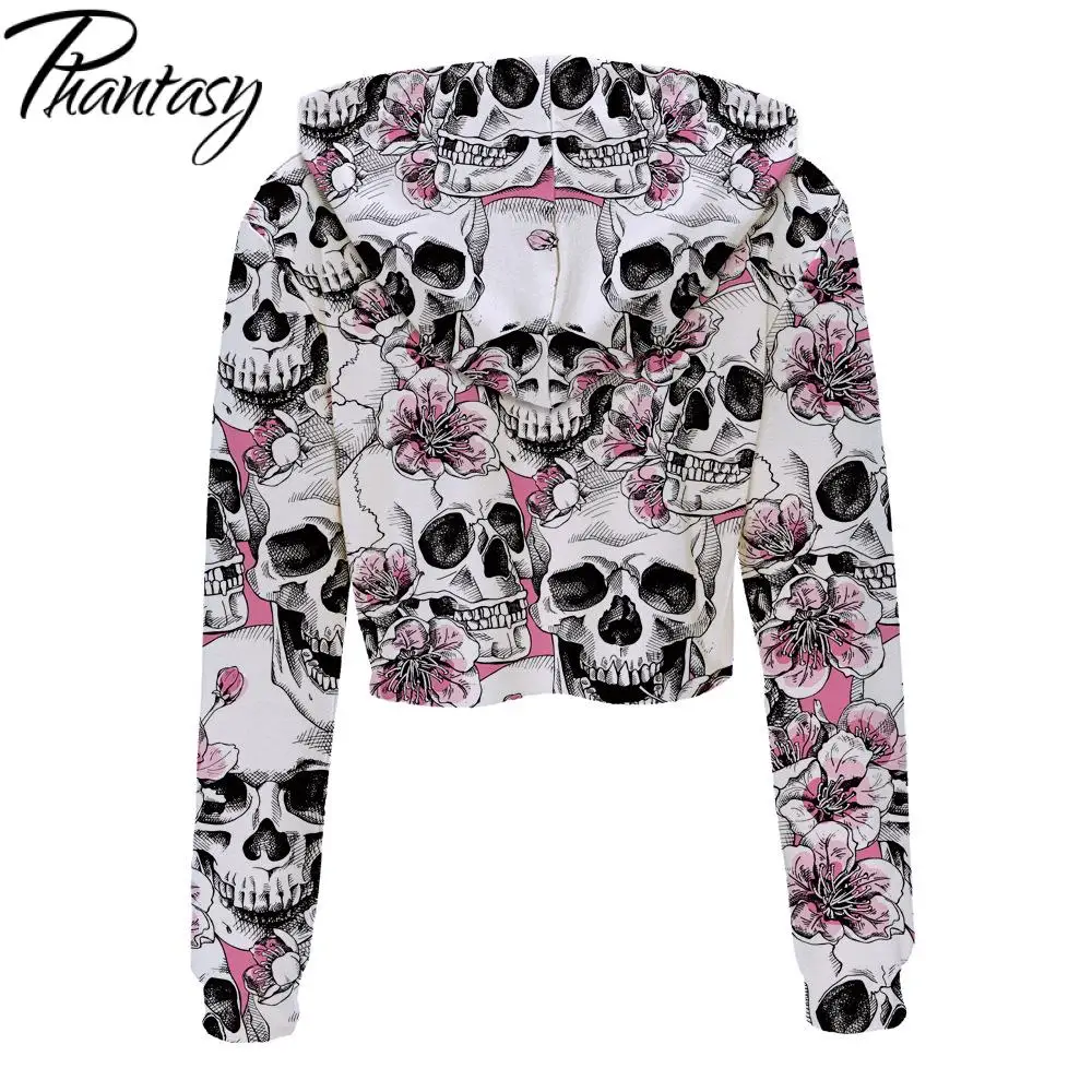 

Phantasy Spring and Autumn Women's Crop Hoodies New Anime Skulls Print Casual Hooded Tops Slim Slong Sleeve Pullovers Female