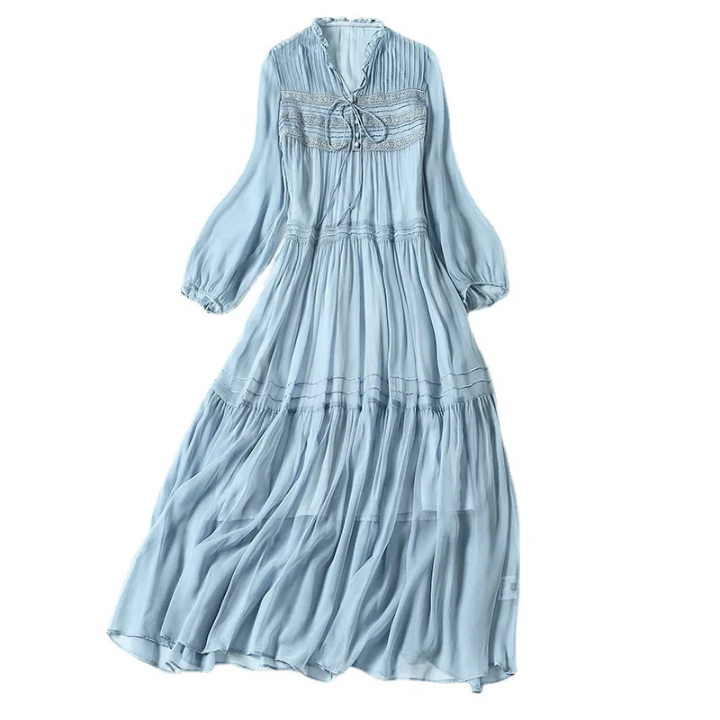 

Women's Summer Dress Light Blue 2021 New Lace-Up V-Neck Three Quality Solid Color 100% Silk Loose Pullover Fine Dress Midi S-XL