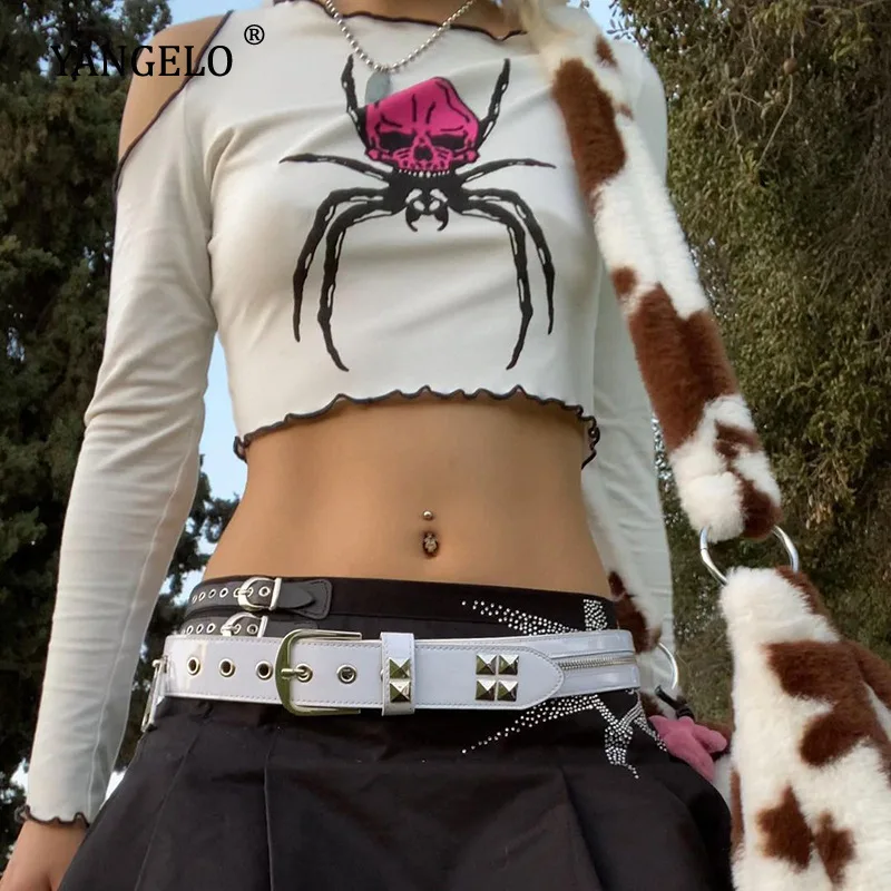 

Yangelo Spider Printted Women's Crop Tops Fairy Grunge Sexy Hollow Out Sleeve Casual Tshirt Skull Pattern O-neck Y2K Pullover