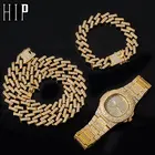 Часы мужские в стиле хип-хоп, мужские ожерелья с цепочкой и браслетом, сверкающие кубинские Стразы 15 мм из циркония Майами, ювелирное изделие