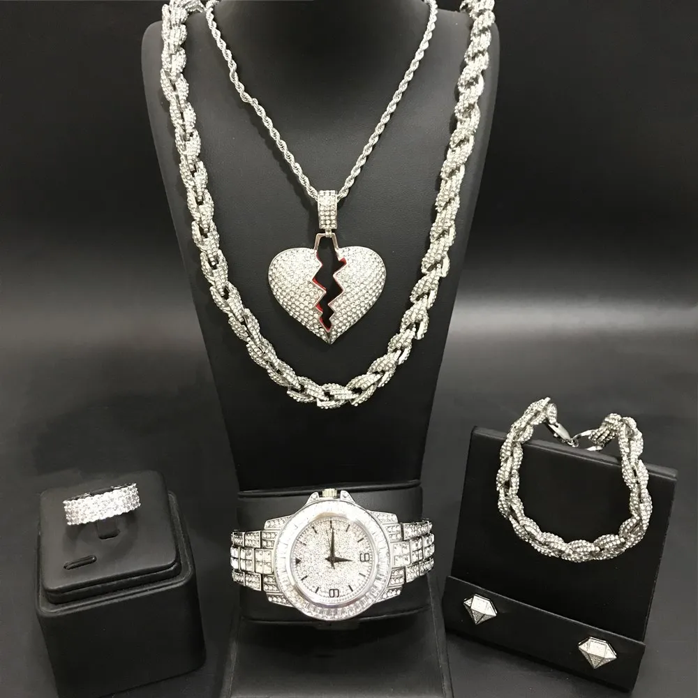 Роскошные мужские часы серебряного цвета, браслеты, кольца и серьги, комплект часов, кубинские часы, ожерелье, хип-хоп для мужчин