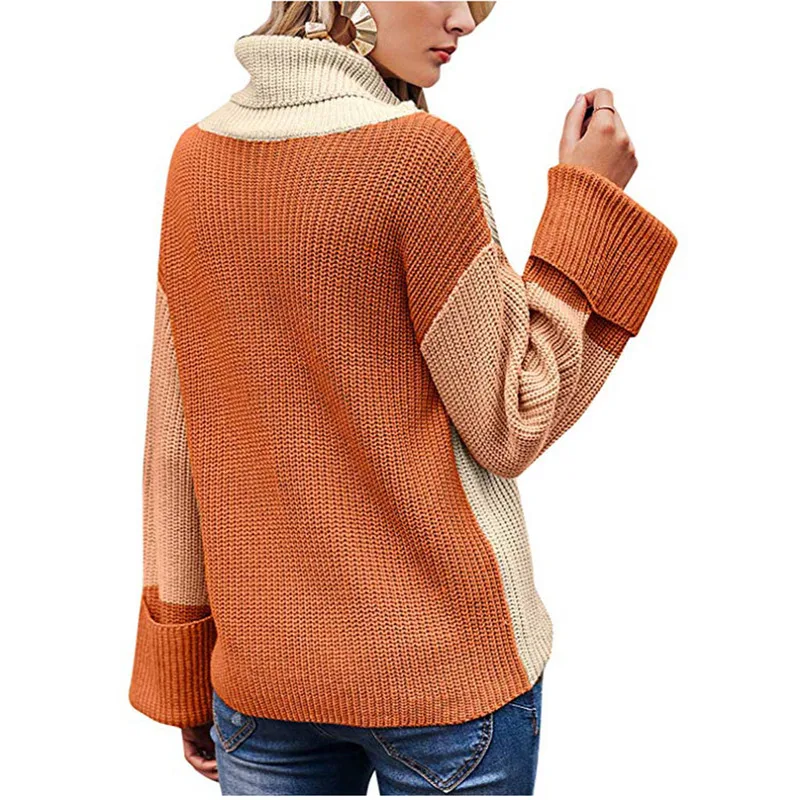 Женские Лоскутные свитеры с высоким воротом 2019 зимний теплый повседневный пуловер длинным рукавом женские