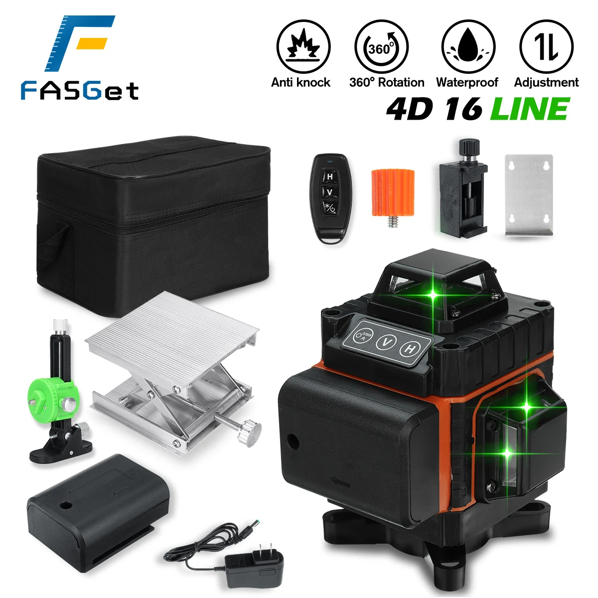 

FASGet 4D 16-линейный зеленый лазерный уровень 360 Горизонтальные и вертикальные перекрестные линии с автоматическим самовыравниванием супермощ...