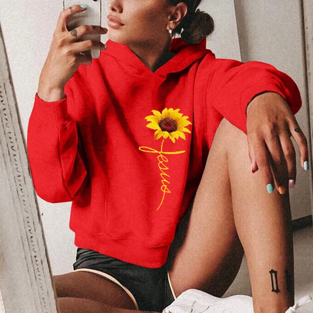 SAGACE женская мода с принтом подсолнуха длинным рукавом капюшоном водолазка