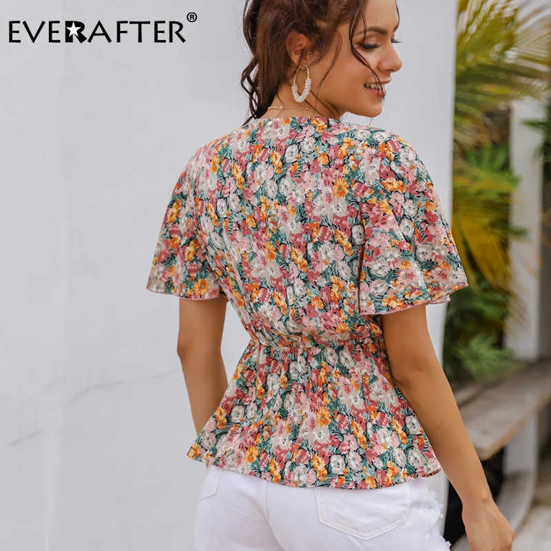 EVERAFTER Vintage v-neck floral print women blouse shirt sexy holiday beach ruffles Elegant slim female blouses tops summer 2020