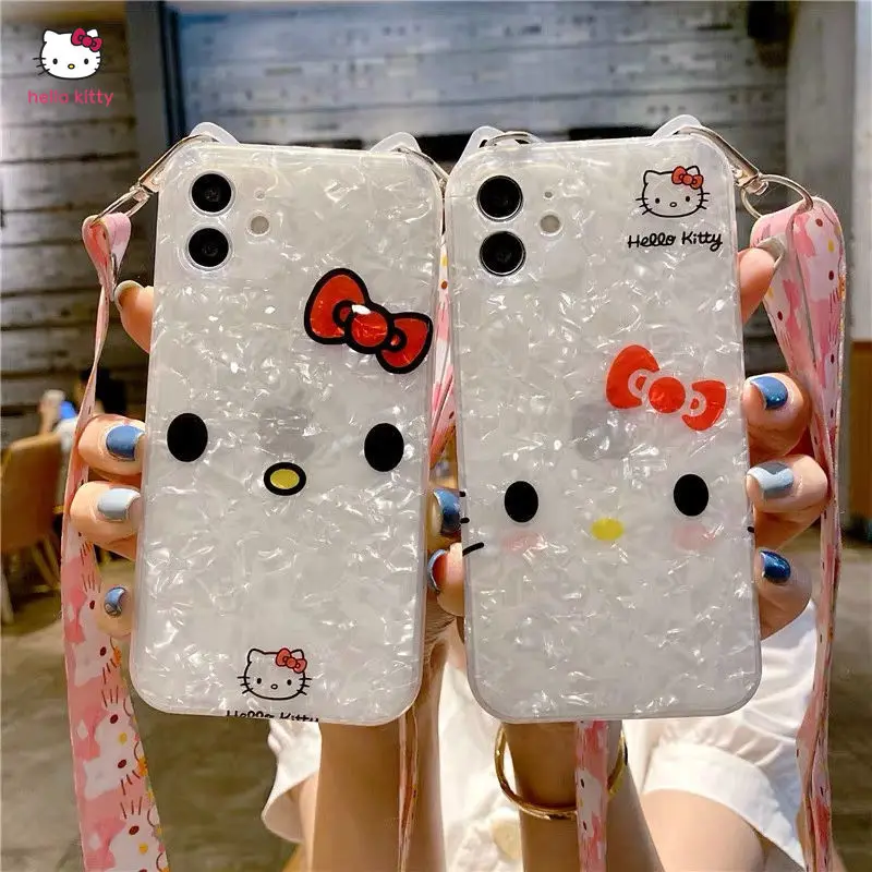 

2021 чехол Hello Kitty для iPhone 7/8P/X/XR/XS/XSMAX/11/12Pro/12mini Lanyard Белый силиконовый чехол для мобильного телефона Kawaii