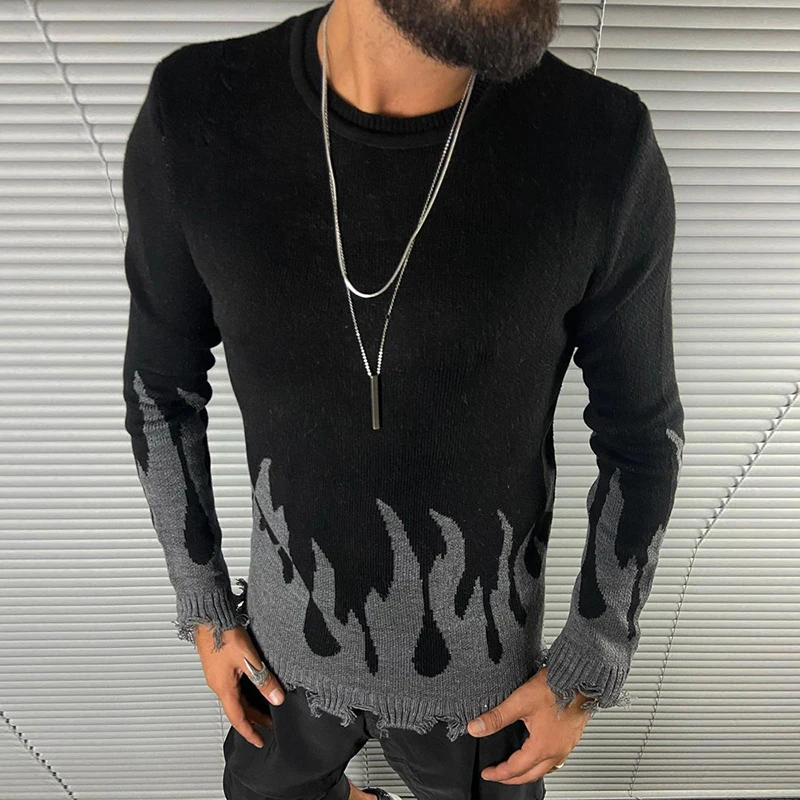 

2021 Fashion Flame Jacquard Knitted Tops For Men Casual Long Sleeve O-Neck Sweaters Autumn Winter Mens Harajuku Slim Pullovers
