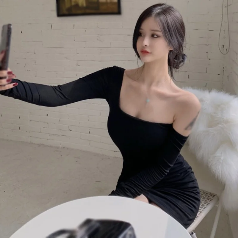 

Women Casual Basic Hip Party Sexy Dress Club Outfit For Women One Shoulder Bodycon Dress Tank Top long sleeve Pleated