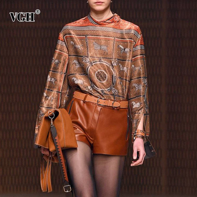 

VGH Vintage Print Two Piece Set For Women Half High Collar Long Sleeve Tops High Waist PU Leather Shorts Female Sets 2021