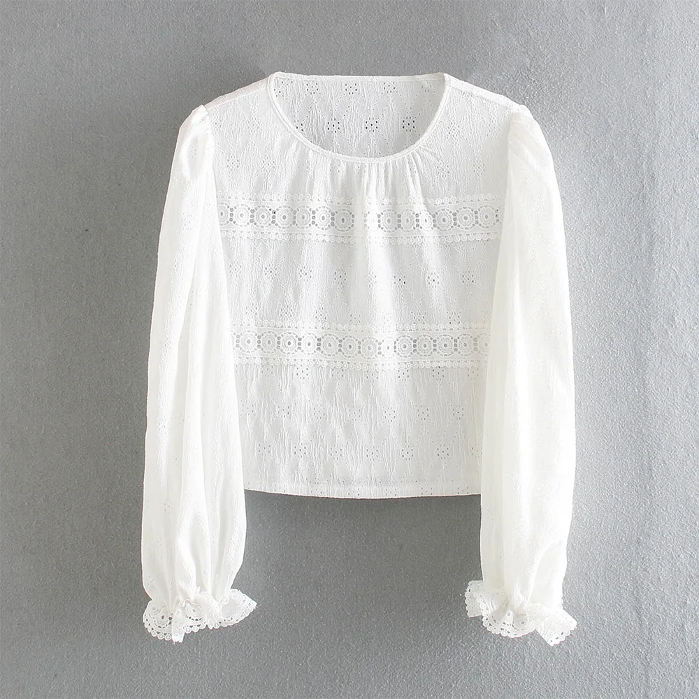 

Womens Tops And Blouses 2021 Fashion Elegant Embroidery Blouse Women Clothing Round Neck Long Sleeve Casual White Lace Top