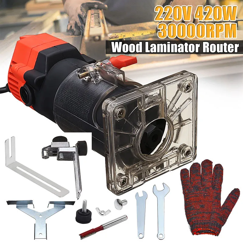 

Wood Electric Hand Trimmer 220V 420W 30000r/min Collet US Plug Corded Wood Laminator Router Joiners Aluminum + Wrench Gloves