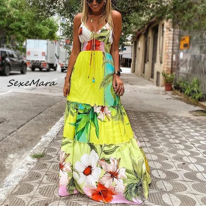 

Casual Elegant Women Print Long Dress 2022 Summer V-neck Ruffles Spaghetti Straps Slim Dress