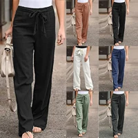 2021 cotton linen women wide leg pants solid color summer high waist linen sashes straight casual loose women long pants trouser