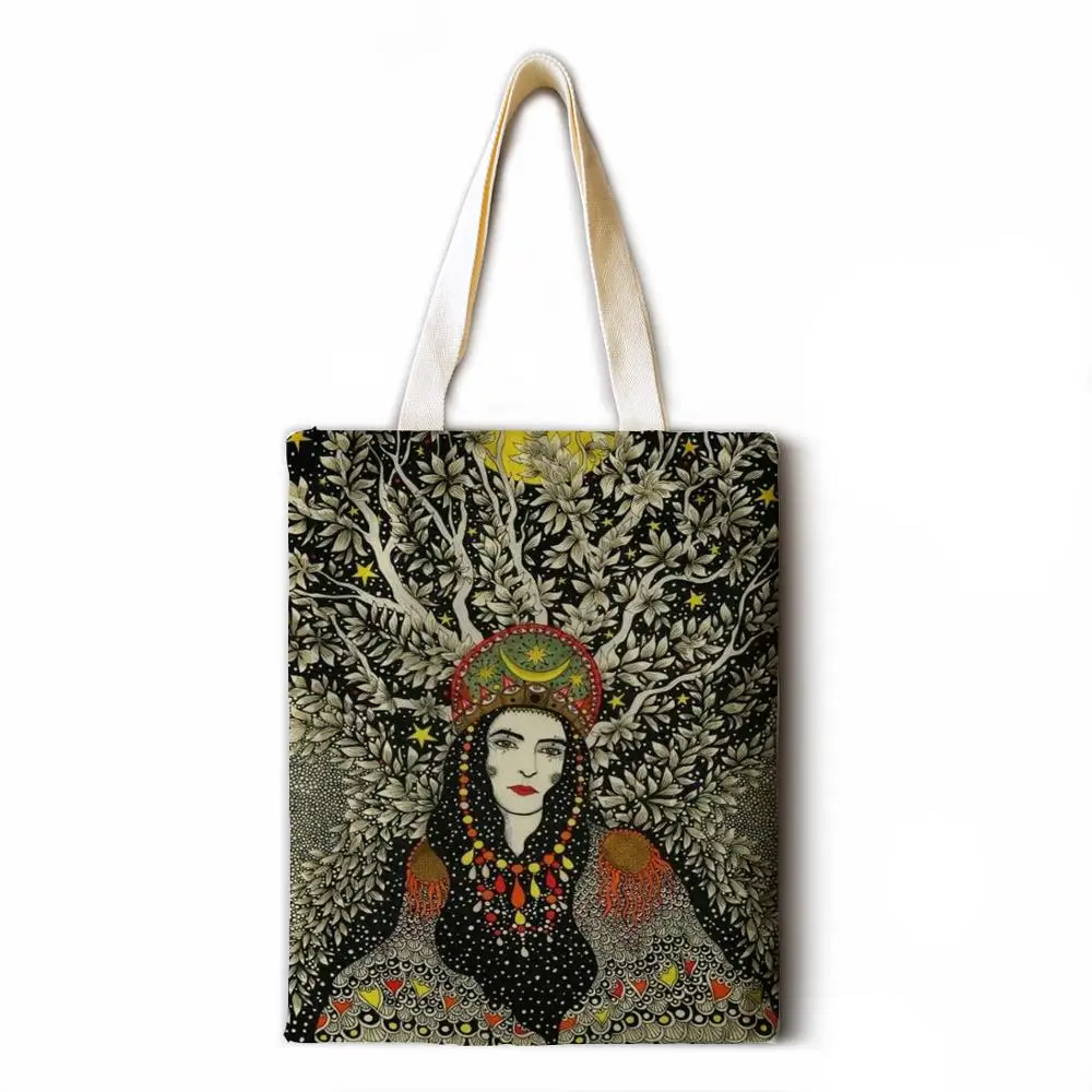 

Oil painting girl hemp tote bag fashion shoulder bag lady leisure ecological shopping high quality foldable handbag