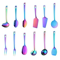 1pc rainbow stainless steel nonstick kitchen utensils cooking tool long serving sets scoop spoon fork turner ladle cake shovel