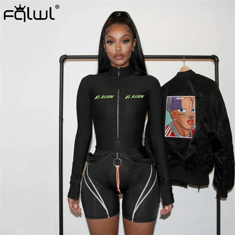 Женский сетчатый боди FQLWL черный облегающий на молнии с длинным рукавом и