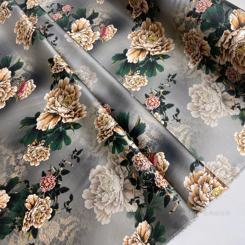 

Рубашка-Ципао из натурального шелка, тянущаяся атласная ткань с большими цветами и серыми пионами, швейный материал для платья
