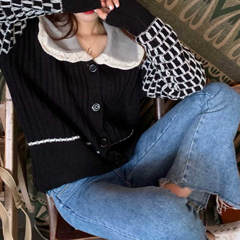 RealShe свитер кардиган для женщин Питер Пэн воротник пуговицы пэчворк женский 2019