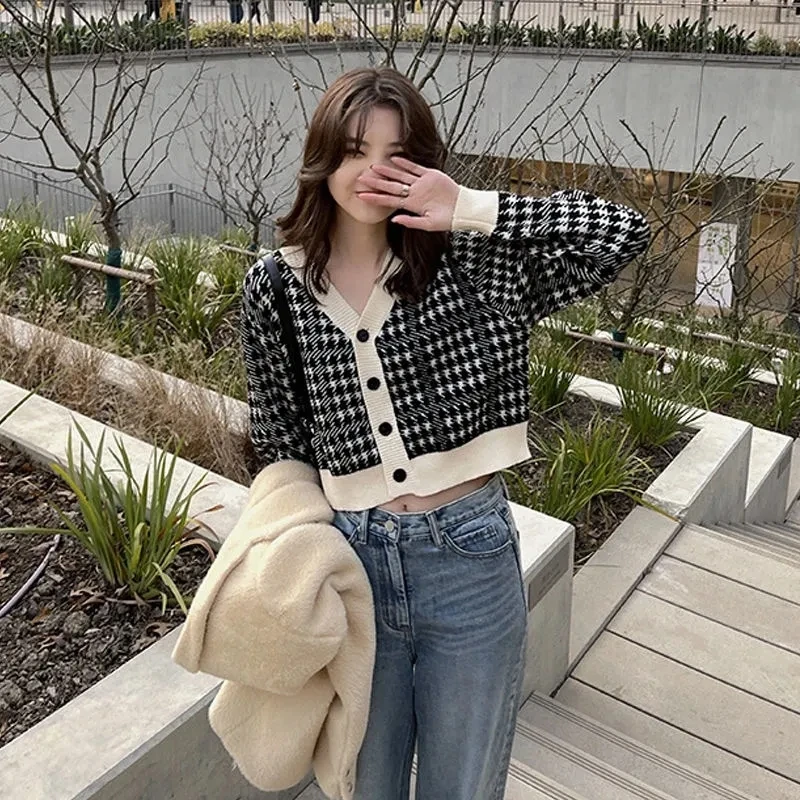 

Zadily 2021 Single Breasted V Neck Geometric Women Button Cardigan Sweater Knitted Loose Short Casual Top Jacket Coat