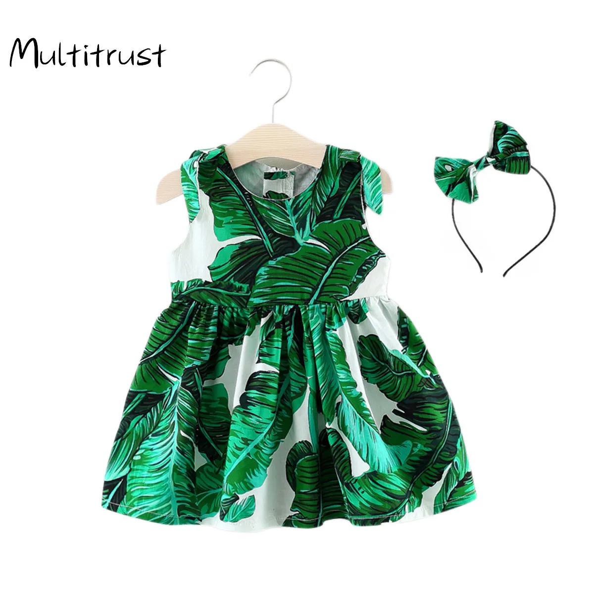 

Multitrust New Born Baby Girls Clothes 2020 Summer Dresses Fashion Green Leaves Cotton Sleeveless Dress+Headwear