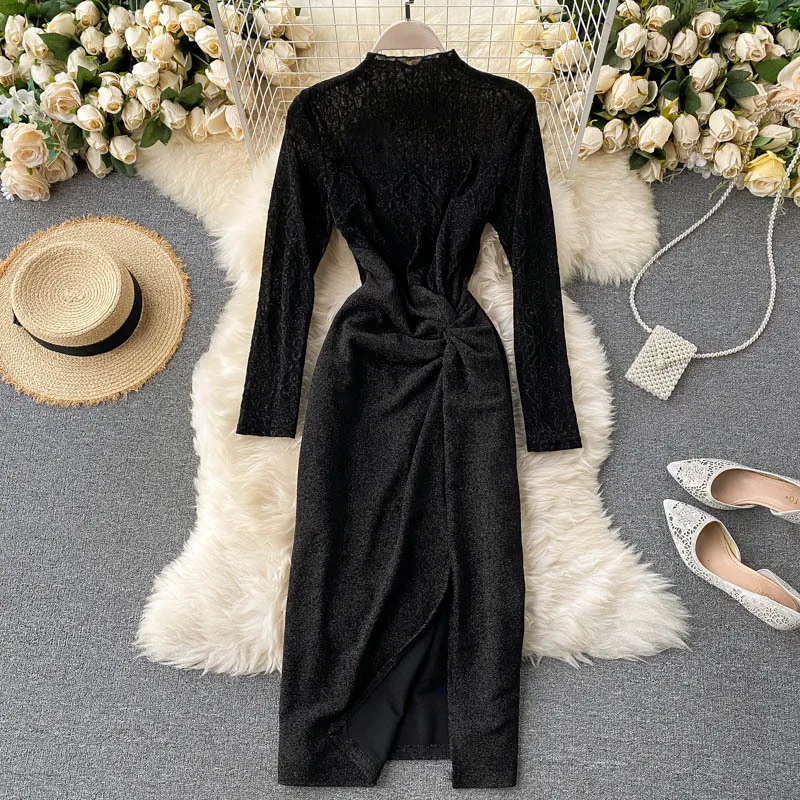 Женское облегающее платье с длинным рукавом длинная юбка оборками и высокой