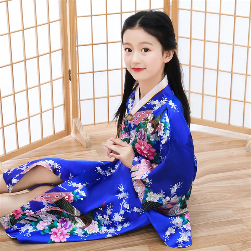 Традиционное японское кимоно для девочек Платье с длинными рукавами и принтом