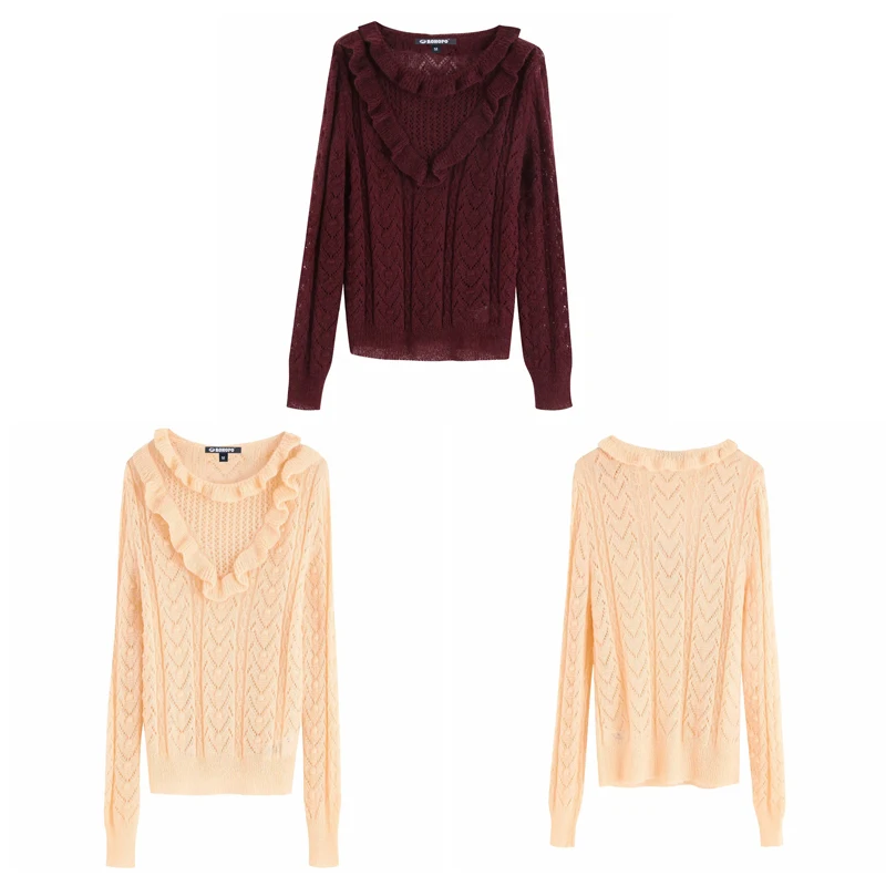 ROHOPO длинный рукав оверлокированный круглый воротник спереди свитер с оборками