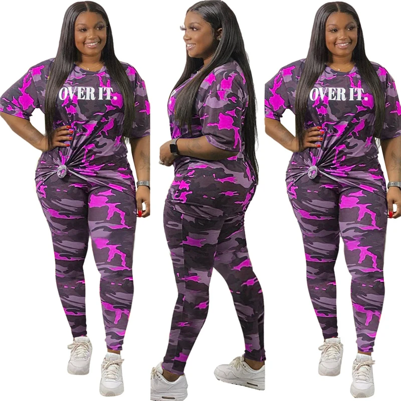 

XL-5XL Plus Size Women's Sets Summer Tracksuit Camouflage Short Sleeve Tee Top and Pants Two Piece Sets Jogger Fitness Outfits