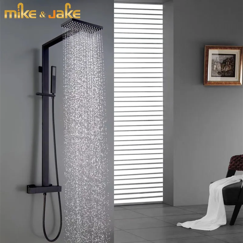 Матовый черный Термостатический смеситель для душа роскошный в форме дождя